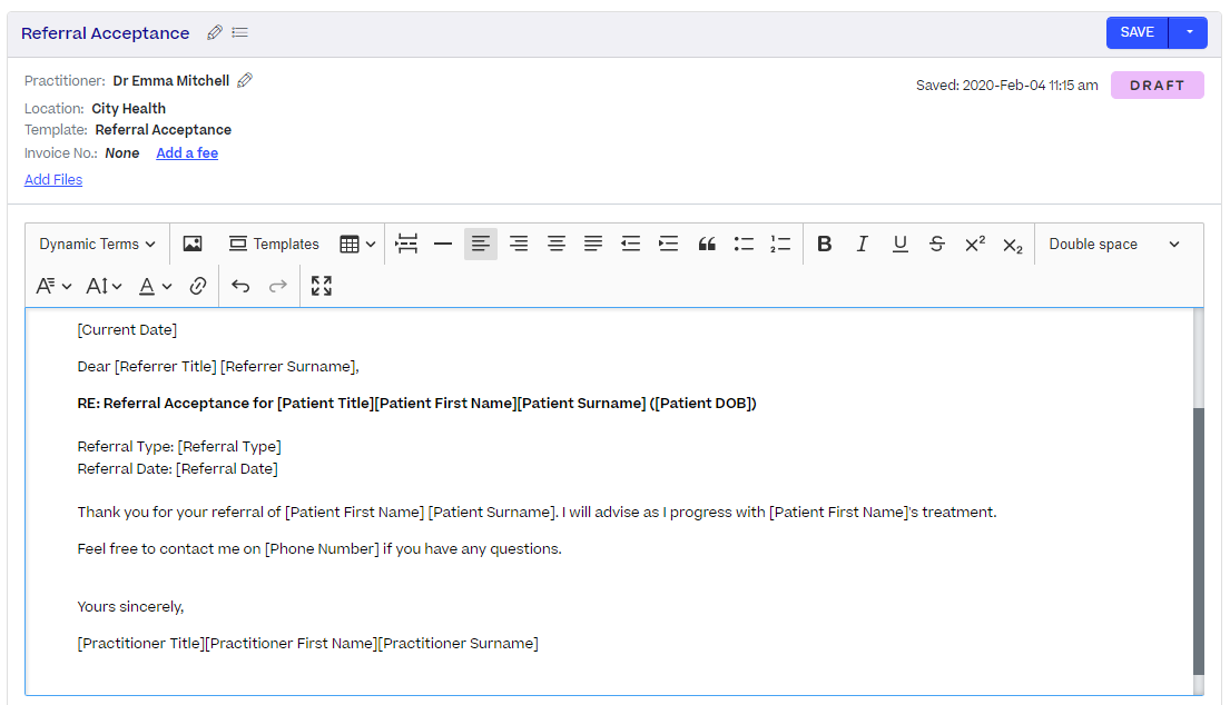 A referral acceptance letter is shown as sample clinical note template