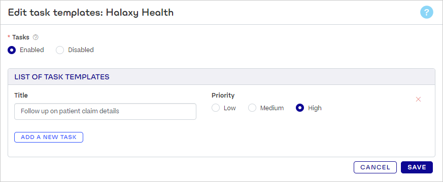 A section titled "List of Task Templates"
