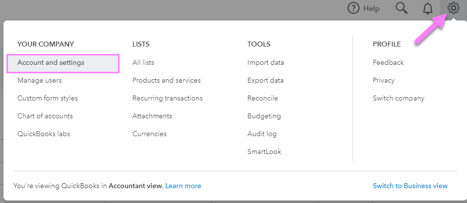 The Settings Cogwheel in QuickBooks is highlighted, along with "Account and settings"