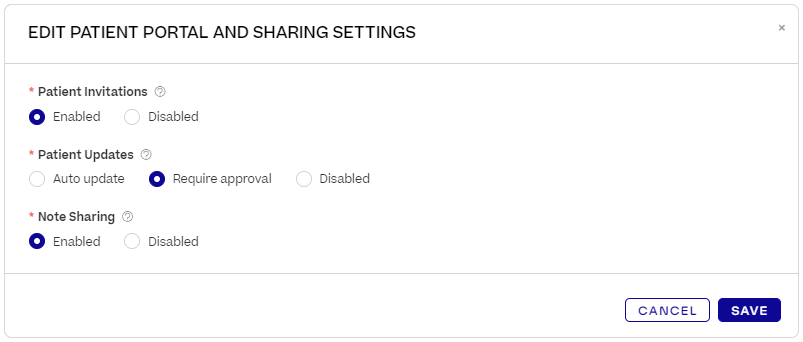 The pop-up to edit patient portal settings, titled "Edit Patient Portal and Sharing Settings".
