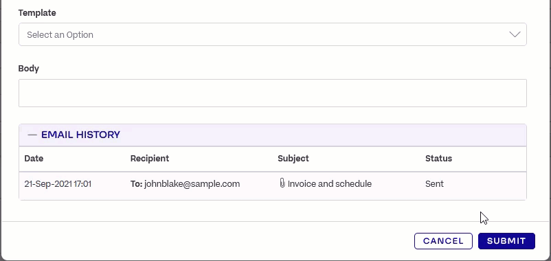 The cursor hovers over the status in the email history. The email and attachments are displayed.
